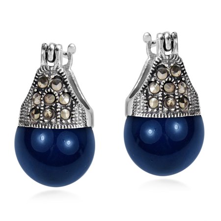 Ss Marcasite Pearl - Vintage Flair Marcasite Style Pyrite and Navy Faux Pearl .925 Sterling Silver 12mm Earrings