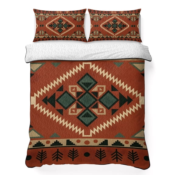 Quilts King Size Bedding Set, Orange Western Lightweight Quilted Comforter, Southwestern Geometric Ethnic Soft Reversible Bedspread Coverlet with Pillow Covers for All Season, 96" x 106"