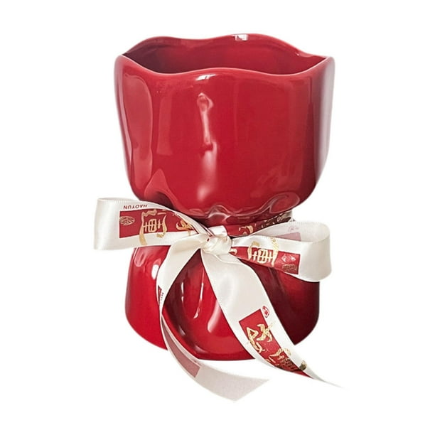Jarrón de cerámica con arreglo floral, accesorio floral, adorno de escritorio, regalo de San Valentín. Rojo