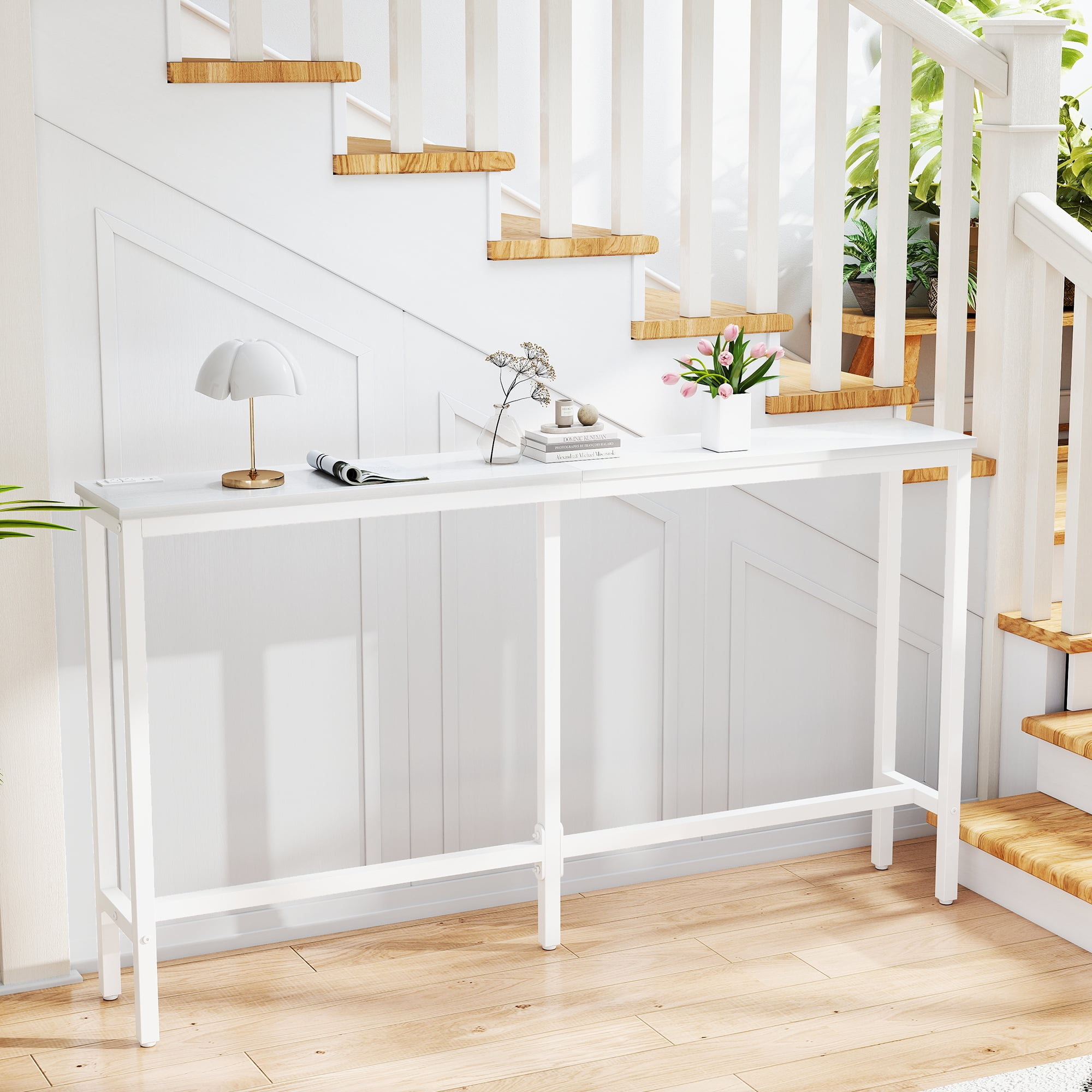 EDX 63-Inch Console Table Entryway Sofa Table with Power Outlets, Long Sofa Table for for Entryway, Hallway, Corridor,White