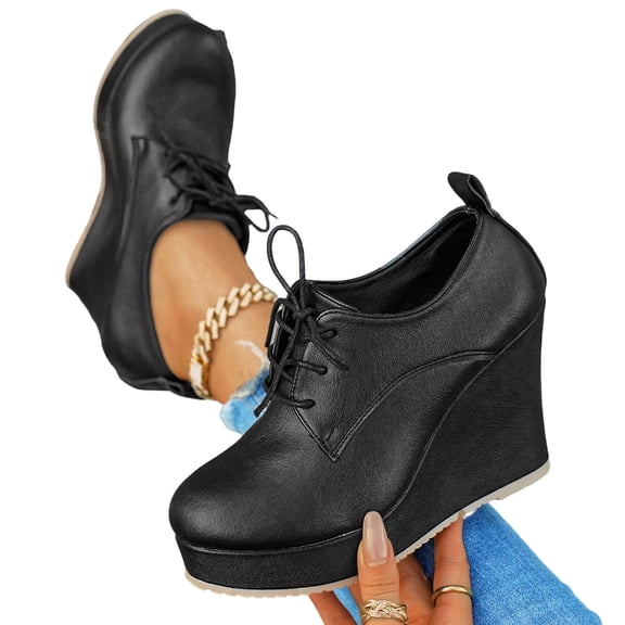 SACFOF Women's Ankle Boots Wedge Platform Bootie Round Toe Lace up Wedge Heels Boots 3.8 Inch Warm Boots for Party Evening Shoes