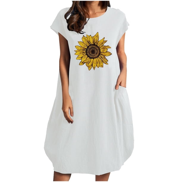 Vestido suelto de manga corta informal con estampado floral de algodón y lino de verano para mujer con bolsillo y cuello redondo Pompotops ghjkhdj12048