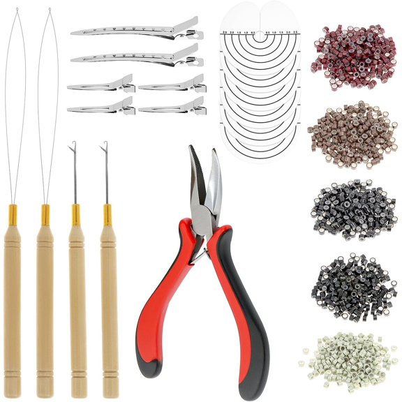 Rings Beads Hair Extensions Kit - 1000 count Mix Color Links with Hair Tools and for Professional Hair Extensions