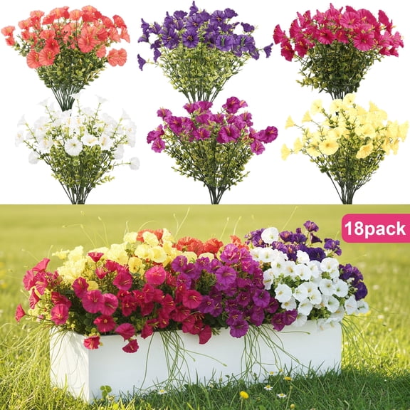 Armscye 18 Bundles Artificial Flowers for Outdoors, Fake Plants Outside Decoration, Morning Glory Flowers Faux Eucalyptus Plants, UV Resistant for Porch Patio Garden Spring Summer Home Decor,