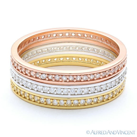 Cubic Zirconia Crystal Stackable Bands in Tri-Tone .925 Sterling Silver