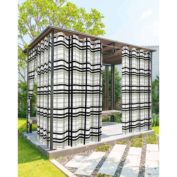 Outdoor Curtains for Patio, Sage Green Black Plaid Waterproof Blackout Outside Curtain for Porch/Pergola/Gazebo, Farmhouse Green Black Checkered Thermal Insulated Drapes, 2 Panels, 54 x 108 Inch