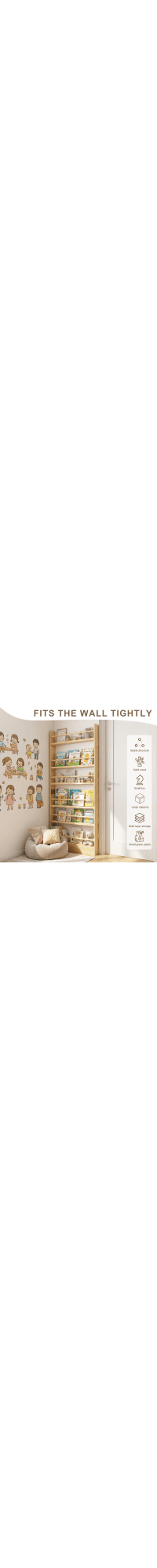 Leumius 5 Tier Kids Bookshelf,Wooden Behind The Door Bookshelf with Open Storage,Wall Mount Shelve & Space- Saving,Book Storage Rack for Kids' Rooms, Living Rooms, Entryways(Natural Wood)