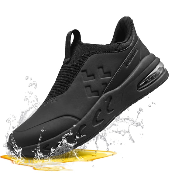 SPIEZ Non Slip Shoes for Women, Oil Resistant Slip-on Waterproof Work Sneakers with Air Cushion for Nursing, Service and Daily Wear, Black Size 8