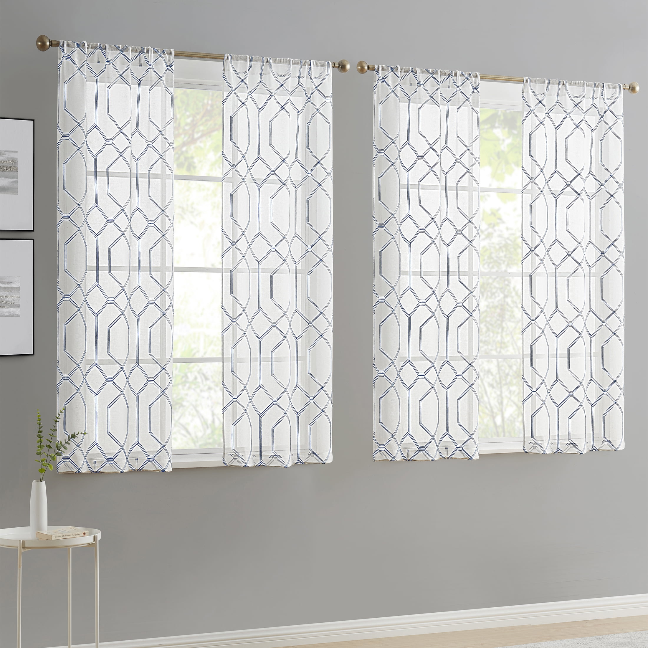 (3 pack) Mainstays Modern Geometric Embroidered Rod Pocket Sheer Curtains, Set of 4, Blue, 28" W x 63" L