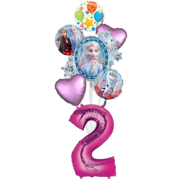 Frozen 2 Party Supplies 2nd Birthday Elsa, Anna and Olaf Balloon Bouquet Decorations - Pink Number 2