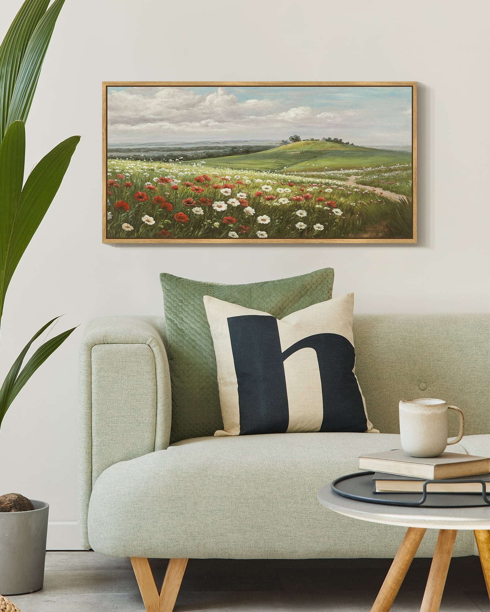 Drsoum Vintage Landscape Wall Art Grassland Meadow Wildflower Field Wall Prints Classic Retro Farmhouse Rustic Decorations for Living Room Bedroom 8x16in Natural Framed