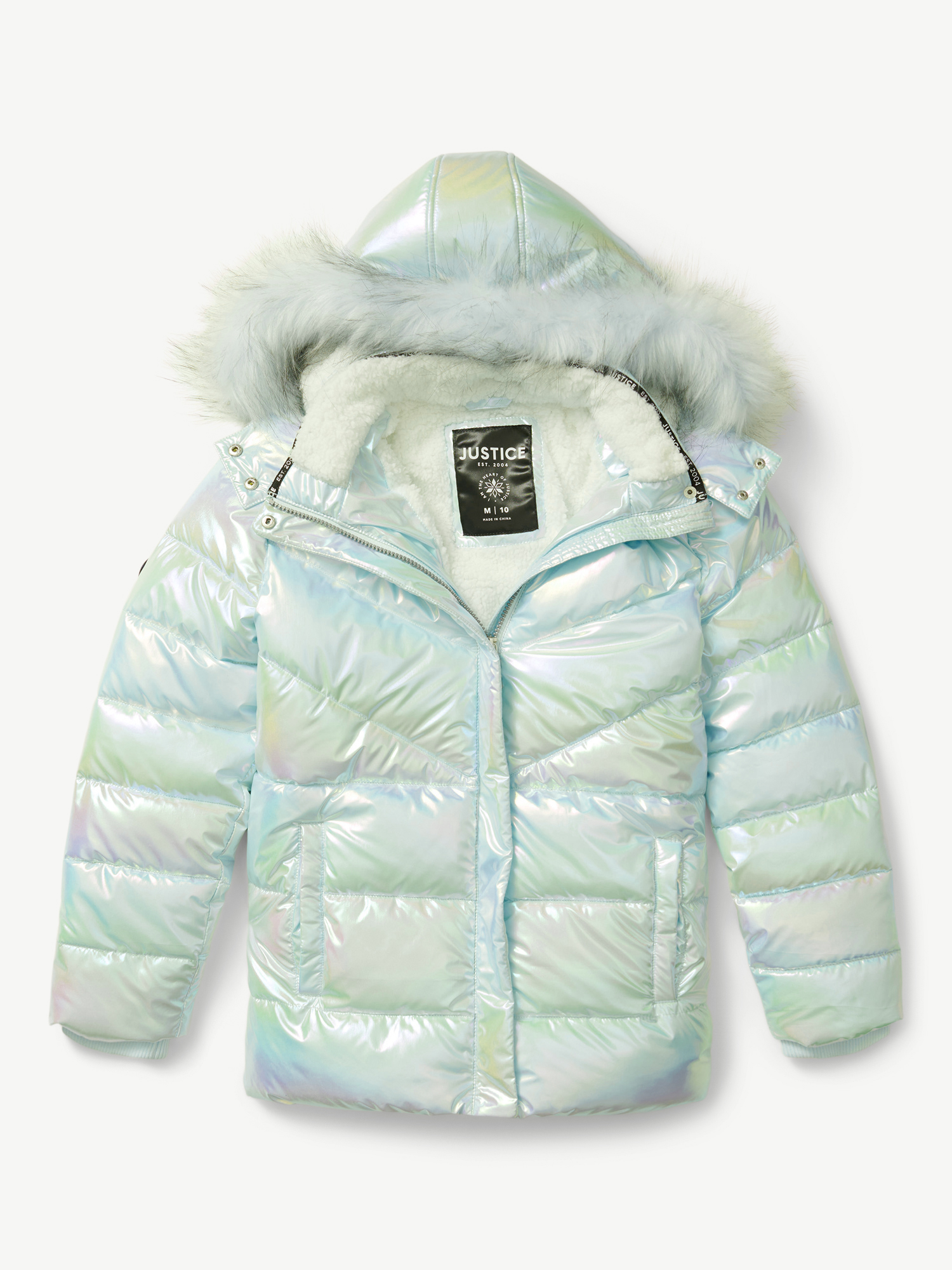 Justice Girls Puffer Jacket with Faux Fur Lined Hood, Sizes 5-18