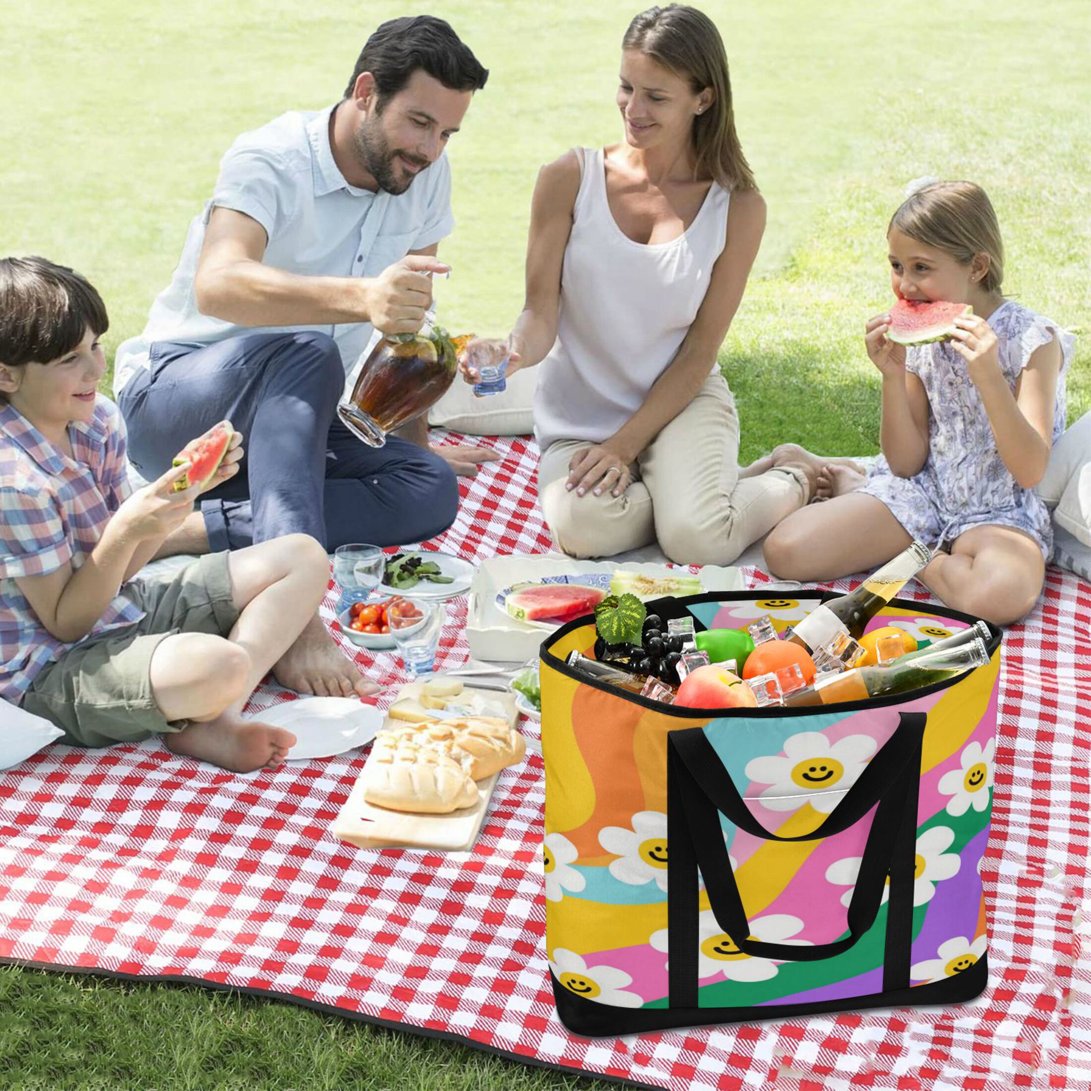 Extra-Large Wide Opening Design Capacity Hand-Held Ice Pack Thickened Insulation Layer For Long-Lasting Cold Retention For Outdoor Shopping Picnics And Camping Smiley Daisy on Rainbow Background