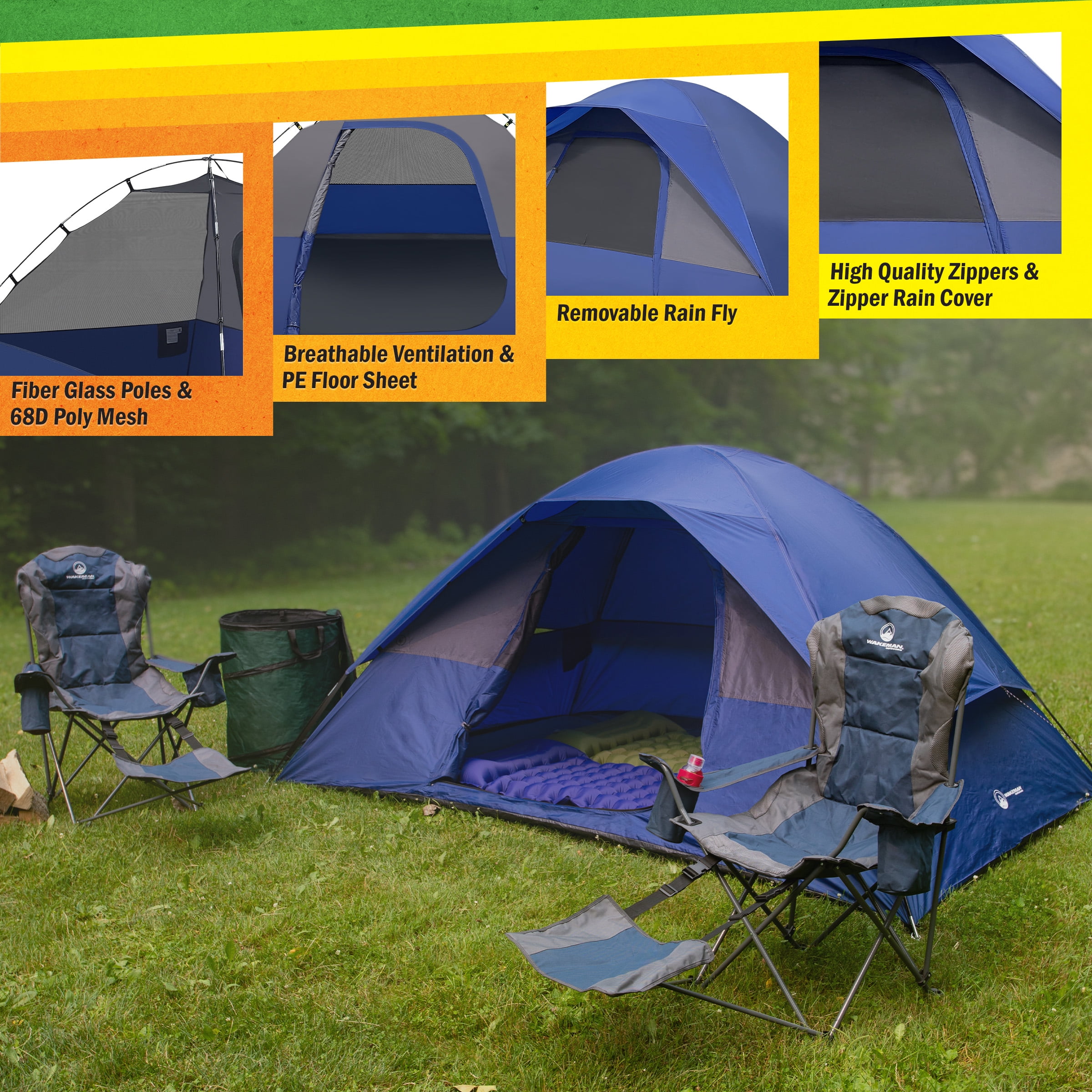 Wakeman Outdoors 5 Person Camping Tent with Rain Fly and Carrying Bag, Blue