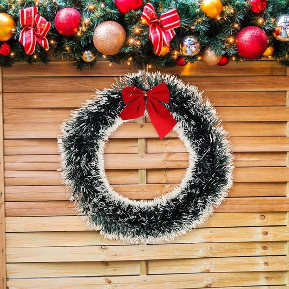 NIYANGLE Christmas Decor Green 35cm Wreath with White-Edged Bowknot for Door and Wall Decoration