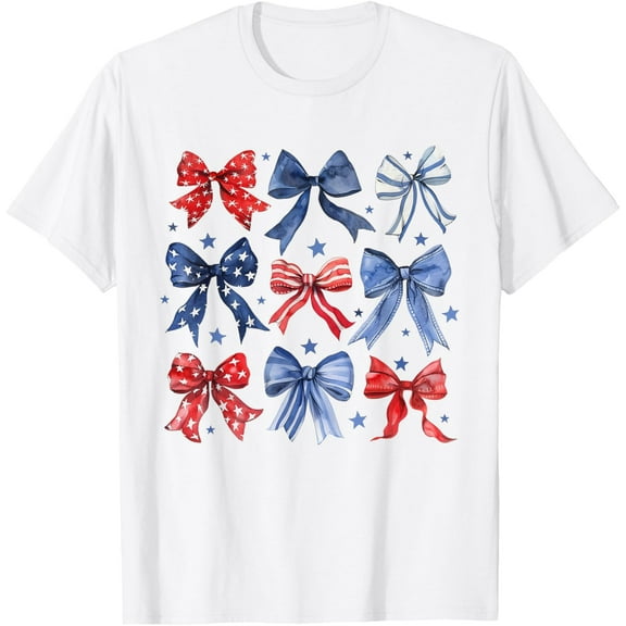 Womens 4th of July Coquette Bow Ribbon Red White and Blue T-Shirt