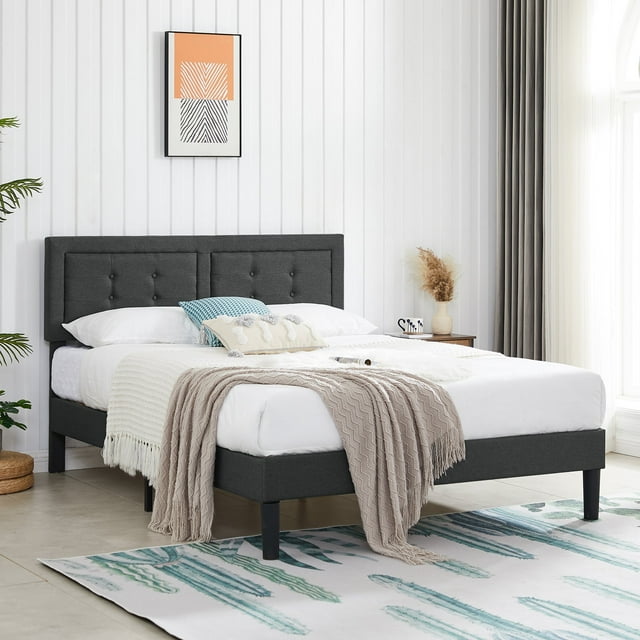 VECELO Full Size Platform Bed Frame with Upholstered Adjustable Headboard, No Box Spring Needed, Gray