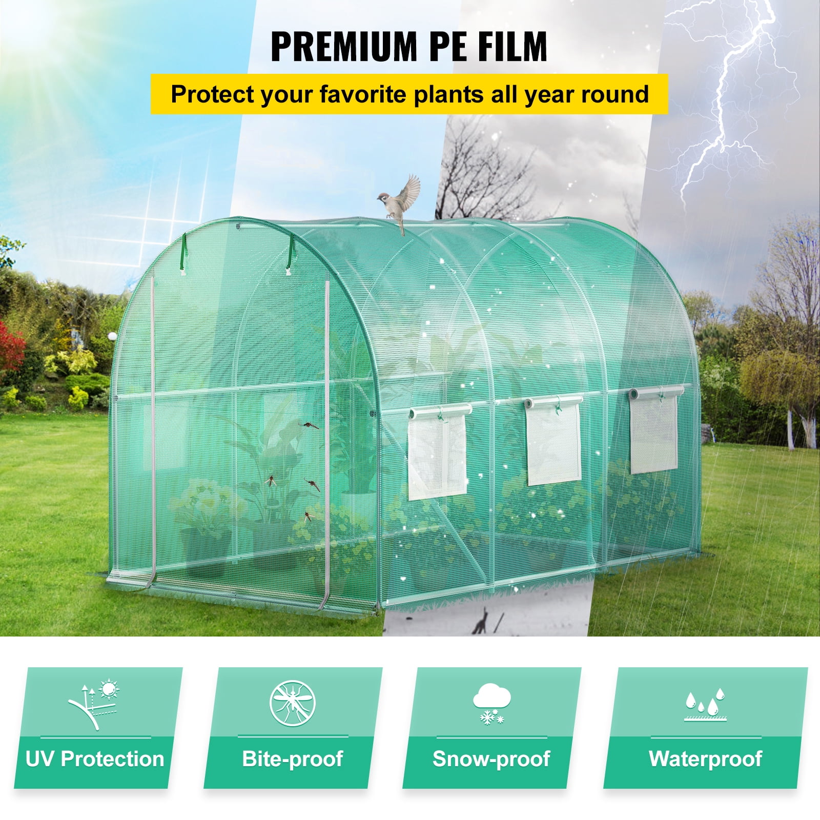 KFFKFF Walk-in Tunnel Greenhouse, 10 x 7 x 7 ft Portable Plant Hot House w/ Galvanized Steel Hoops,Diagonal Poles, Zippered Door & 6 Roll-up Windows, 1 Top Beam, Green