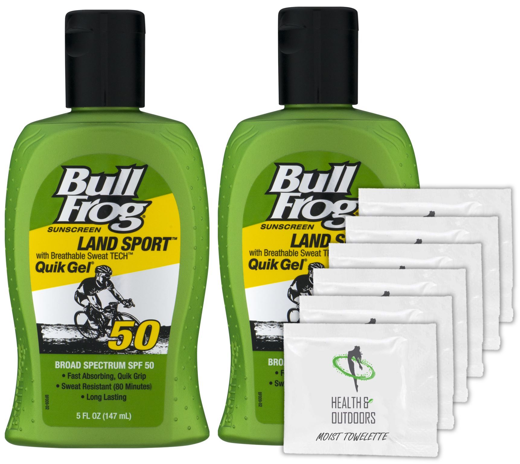 BullFrog Land Sport, Quik Gel Sunscreen SPF 50 (2 Pack) + 6 Exclusive H&O Wipes