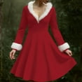 thumbnail image 3 of Women's Casual V-neck Christmas Print Plush Long-Sleeve Casual Dress for Holiday and Everyday Wear, Soft Women's Winter Dress with Festive Design,Deep Red,2XL, 3 of 4