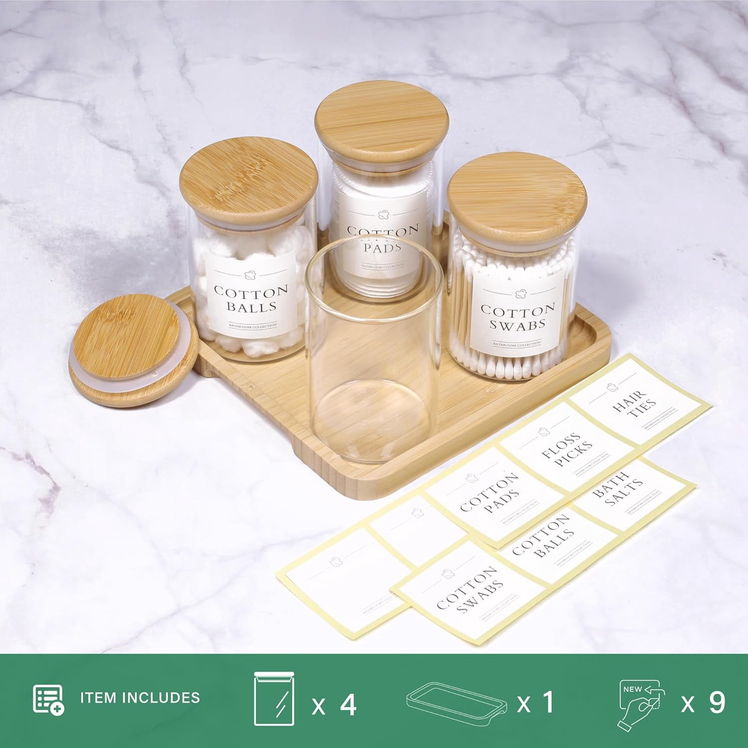 Qtip Holder with Vanity Tray - 4 Pack Glass Apothecary Jars with Lids, Cotton Ball Swab Pad Floss Pick Holder, Bathroom Organizers Jars Containers Canisters Accessories Set