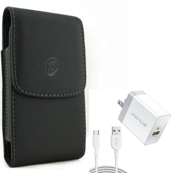 36W PD Home Charger   Case Belt Clip for Motorola One 5G Ace Phone - Fast Type-C 6ft Long Cable USB-C Power Cord and Leather Holster Cover Pouch Combo for Motorola One 5G Ace (2021)