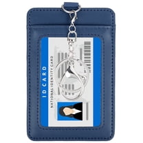 4.7 x 3.2 x 0.2" Leather Badge Holder with Clear ID Window, Front Pocket Vertical Credit Card Holder & Swivel Metal Clasp Keyring for Employees, Staff, College, Navy Blue