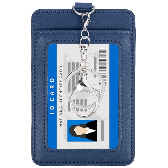 4.7 x 3.2 x 0.2" Leather Badge Holder with Clear ID Window, Front Pocket Vertical Credit Card Holder & Swivel Metal Clasp Keyring for Employees, Staff, College, Navy Blue
