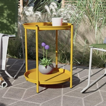 Steel Patio Side Table 2-Tier, Weather Resistant Outdoor Round End Table Yellow