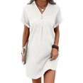 thumbnail image 2 of Joernso Summer Women Dress V Neck Button Short Sleeves Loose Solid Color Pullover Casual Daily Wear Dating Mini Dress, 2 of 7