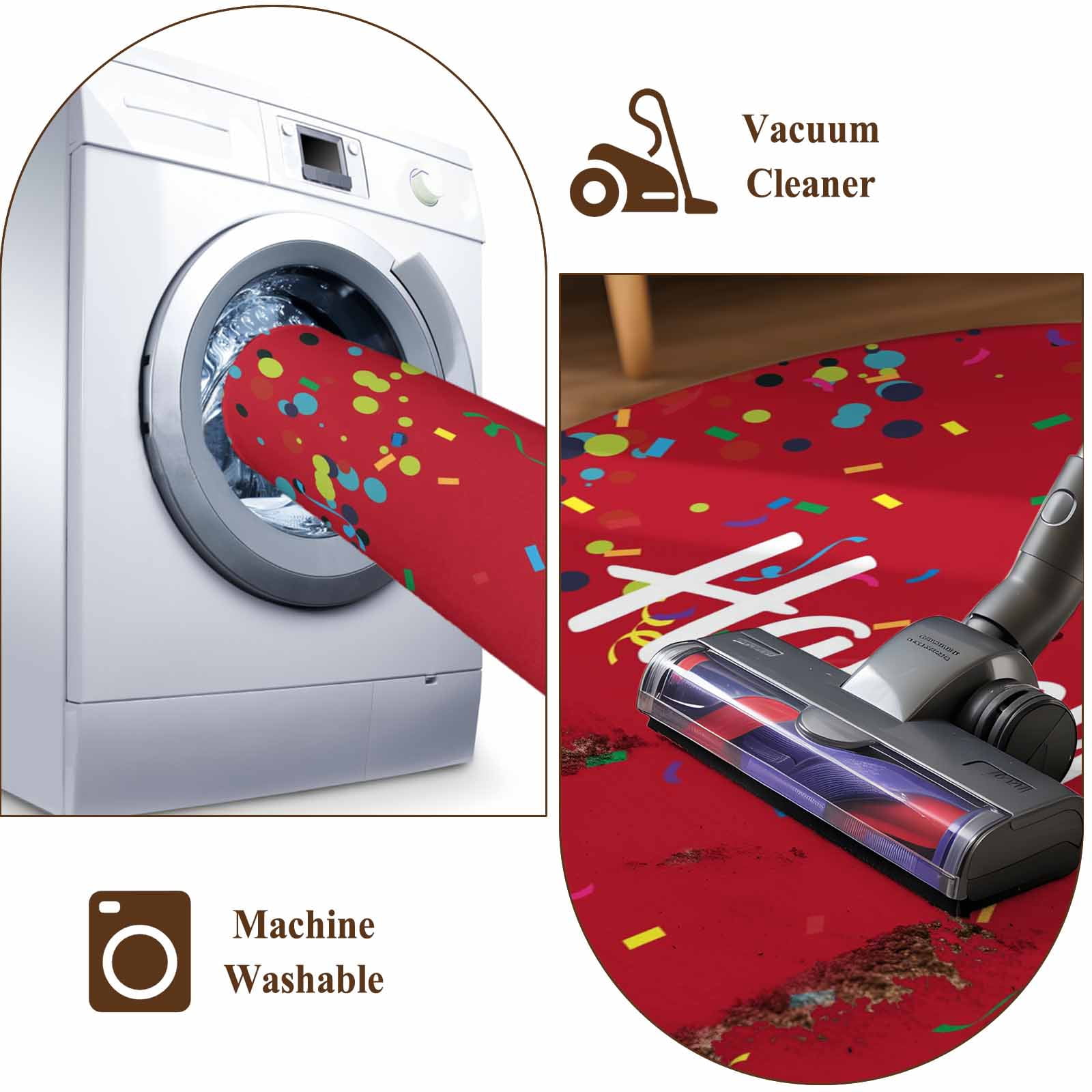 Red Birthday Large Area Rugs for Bedroom Living Room, Soft Non Slip Carpet Bedside Rug, Colorful Confetti Ribbons Polka Dots Classroom Round Floor Cover Kitchen Accent Rug 5' for Dining Room/Office