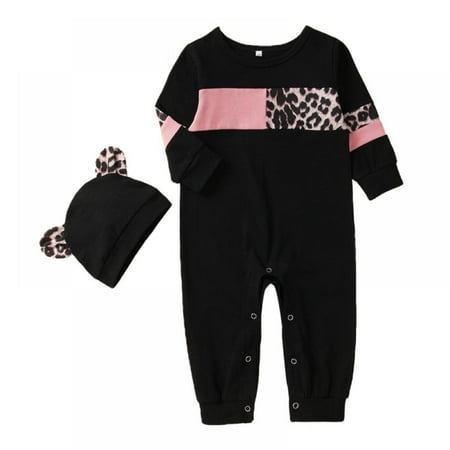

Eleanos Baby Infant Girls Boy Cute Stitching Leopard Romper Jumpsuit+Bear Ear Hat 2pcs Outfits Set Clothes