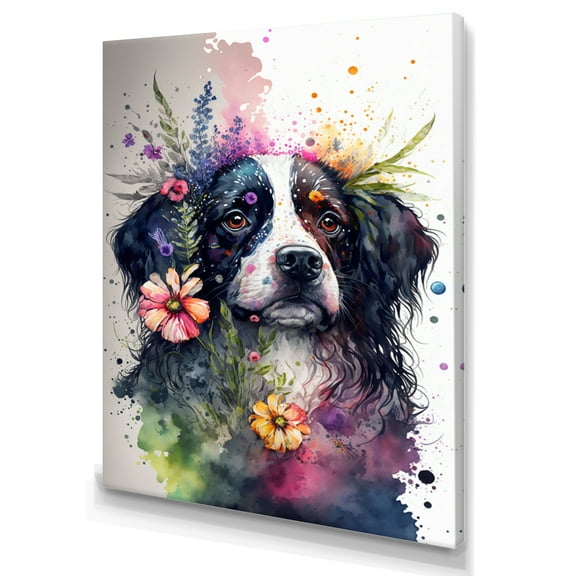 Designart Cute Dog Floral Art I Canvas Wall Art