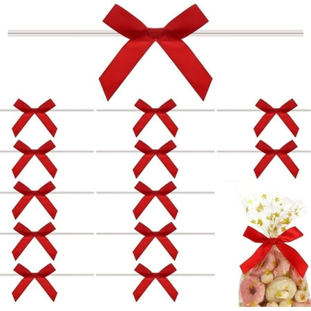 Red Satin Ribbon Twist Tie Bow Mini Premade Craft Bows Satin Fabric Bows Flowers Gift Bow Wrapping DIY Craft for Sewing Scrapbooking Christmas Birthday Wedding Treat Bags Decoration (100Pack)