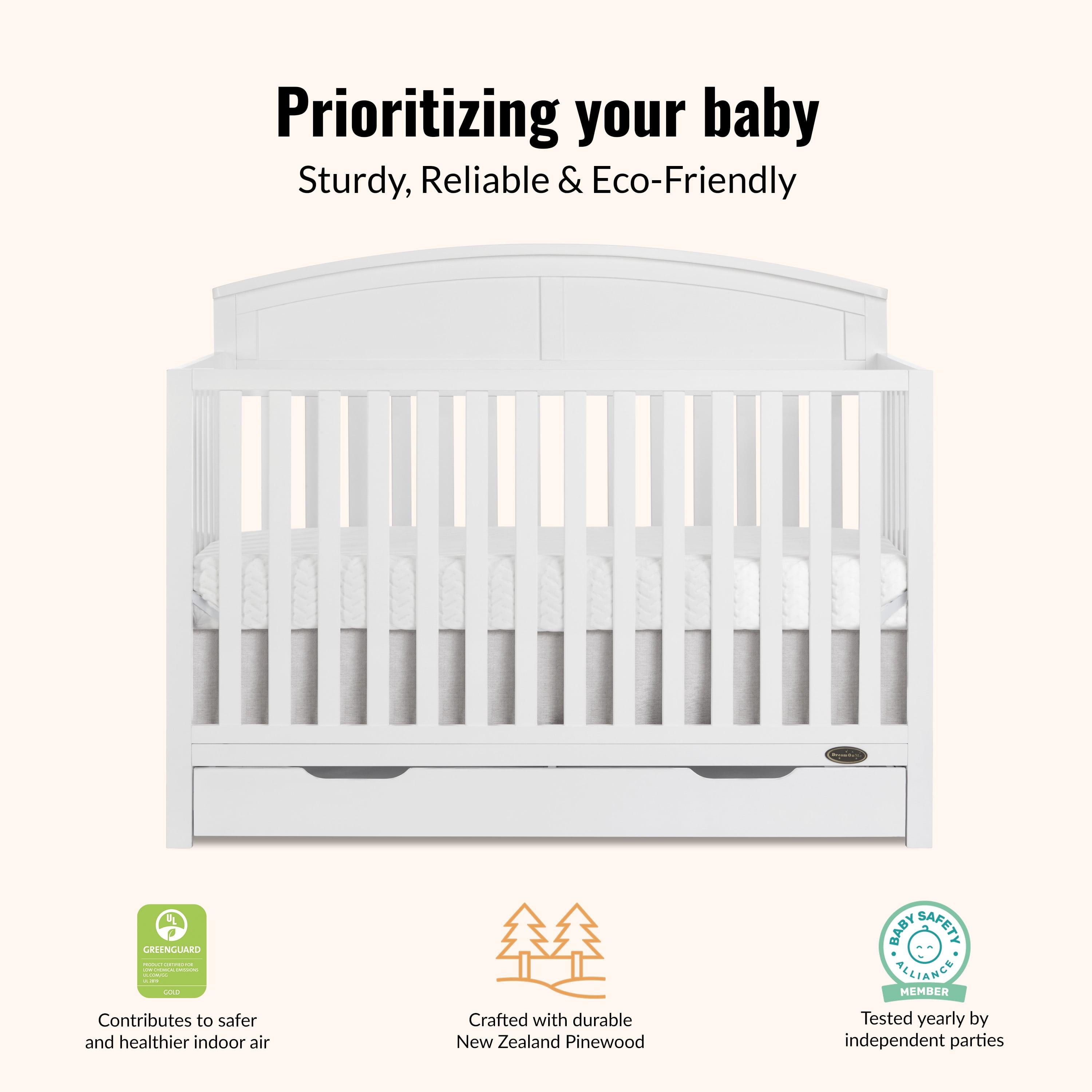 Dream On Me Storybrooke 5 in 1 Convertible Crib with Under Drawer, White