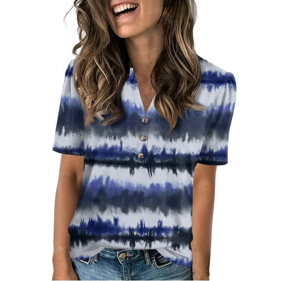 NAMTYQX Summer Tops for Women 2025 Short Sleeve Patterned Blouses for Women Lightweight Basic Tees for Women Blue Size M