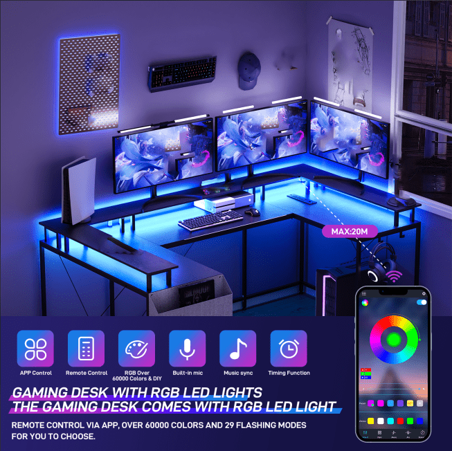 Huisuilinss U Shaped Desk Large Corner Office Desk With Monitor Stands PC Gaming Desk With Power Outlet & LED Lights Reversible L Shaped Computer Desk For Home Office