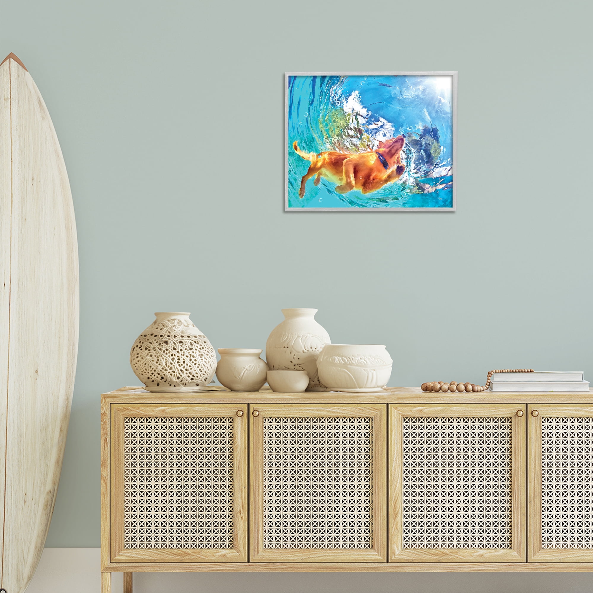 Stupell Industries Underwater Swimming Dog Animals & Insects Painting Gray Framed Art Print Wall Art, 20 x 16