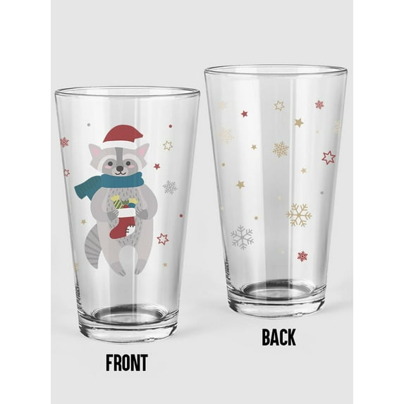 Smartprints Raccoon With Christmas Sock Pint Glass -Image by Shutterstock, 16 oz Transparent Glass