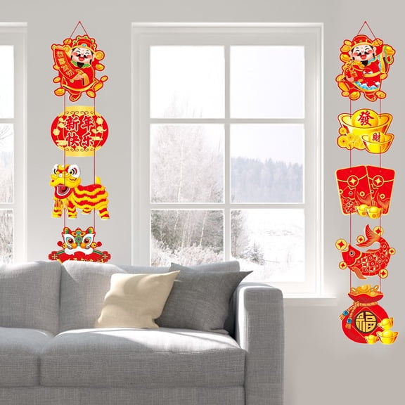 1 Pair Chinese New Year Couplet Banners with Lanyard Rich Color Door Hanging Pendant 2024 Spring Festival Decoration