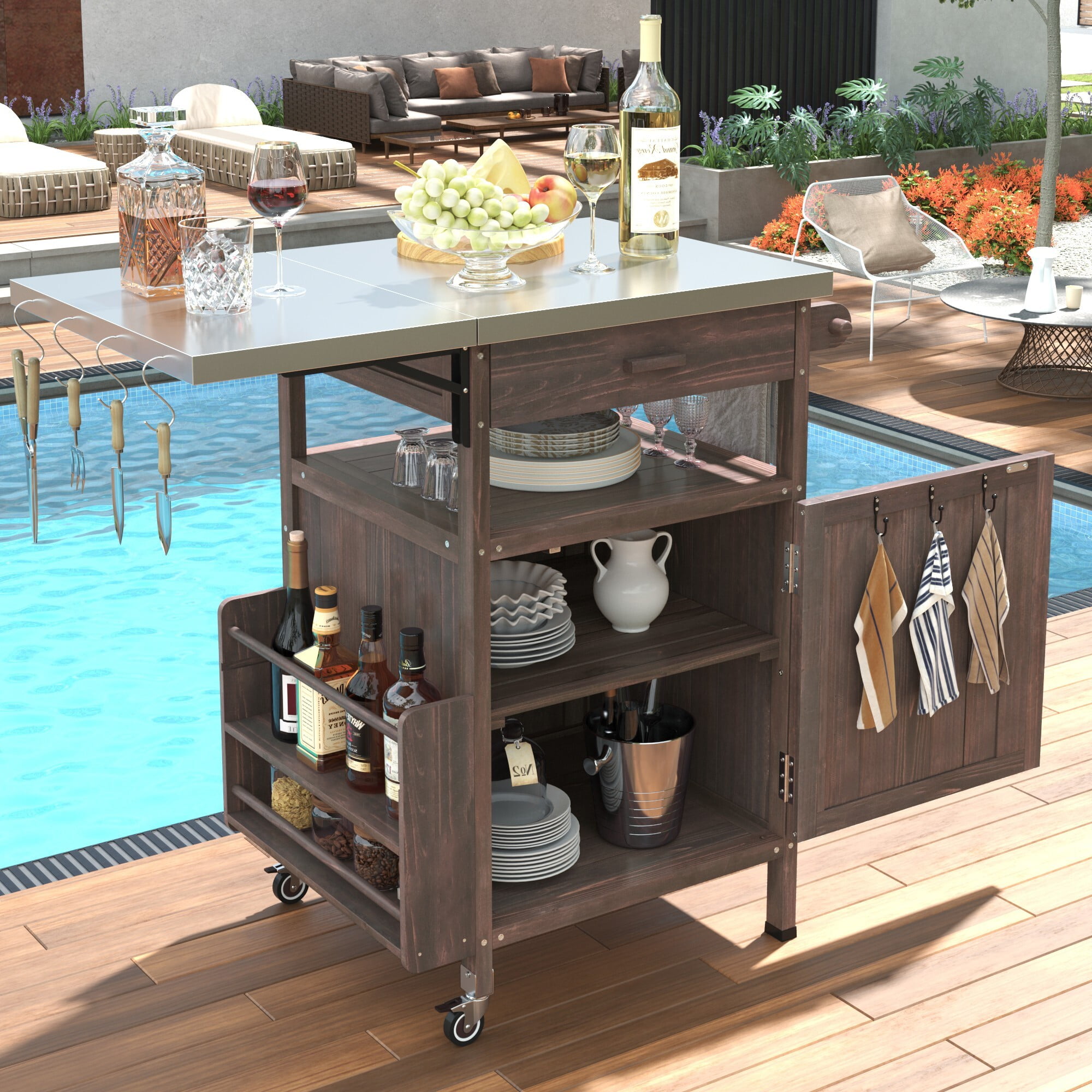 AENKYO Outdoor Grill Cart with Stainless Steel Top, Drop Leaf, Cabinet & Wheels, BBQ Prep Table for Patio & Backyard, Brown
