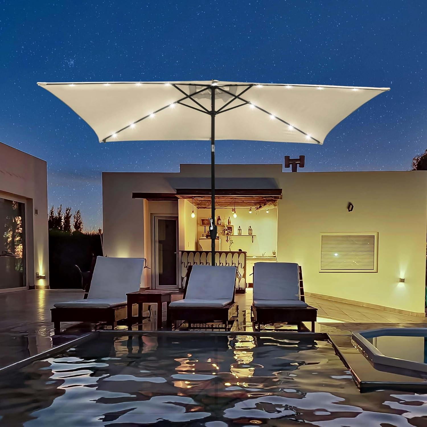10x6.5 ft Outdoor Rectangle Solar Powered LED Patio Umbrella with Crank Tilt for Garden Backyard Table Market Pool, Beige