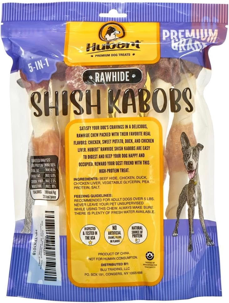 Hubert Pet Gourmet Triple Flavored 10-inch Large Rawhide Kabobs Dog Treats, Grain Free, Low Ingredient, USA Tested - 1.8 lb Super Value Pack