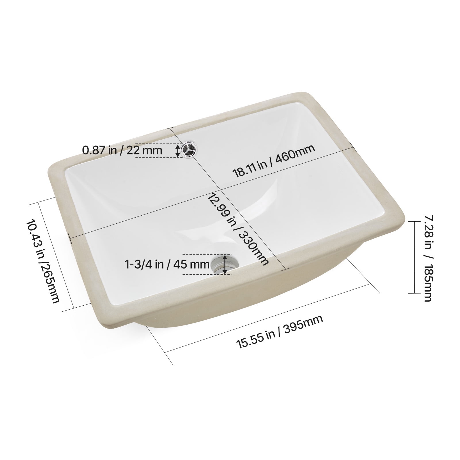 KFFKFF Rectangular Undermount Bathroom Sink, 18.11 x 12.99 Inch White Ceramic Basin with Overflow, Modern Under-Counter Vanity Sink for Compact Spaces