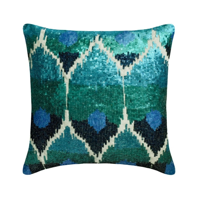 Decorative Blue 24"x24" (60x60 cm) Throw Pillow Cases, Silk Sequins Embroidery, Ombre & Peacock decor Throw Pillows For Sofa, Floral Pattern Modern Style - Mora