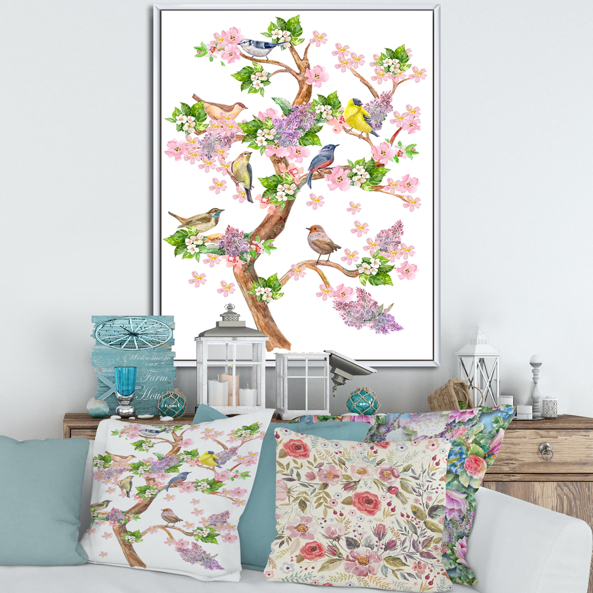 Designart 'Tree With Colorful Birds Sitting On Flowering Branches' Traditional Framed Canvas Wall Art Print