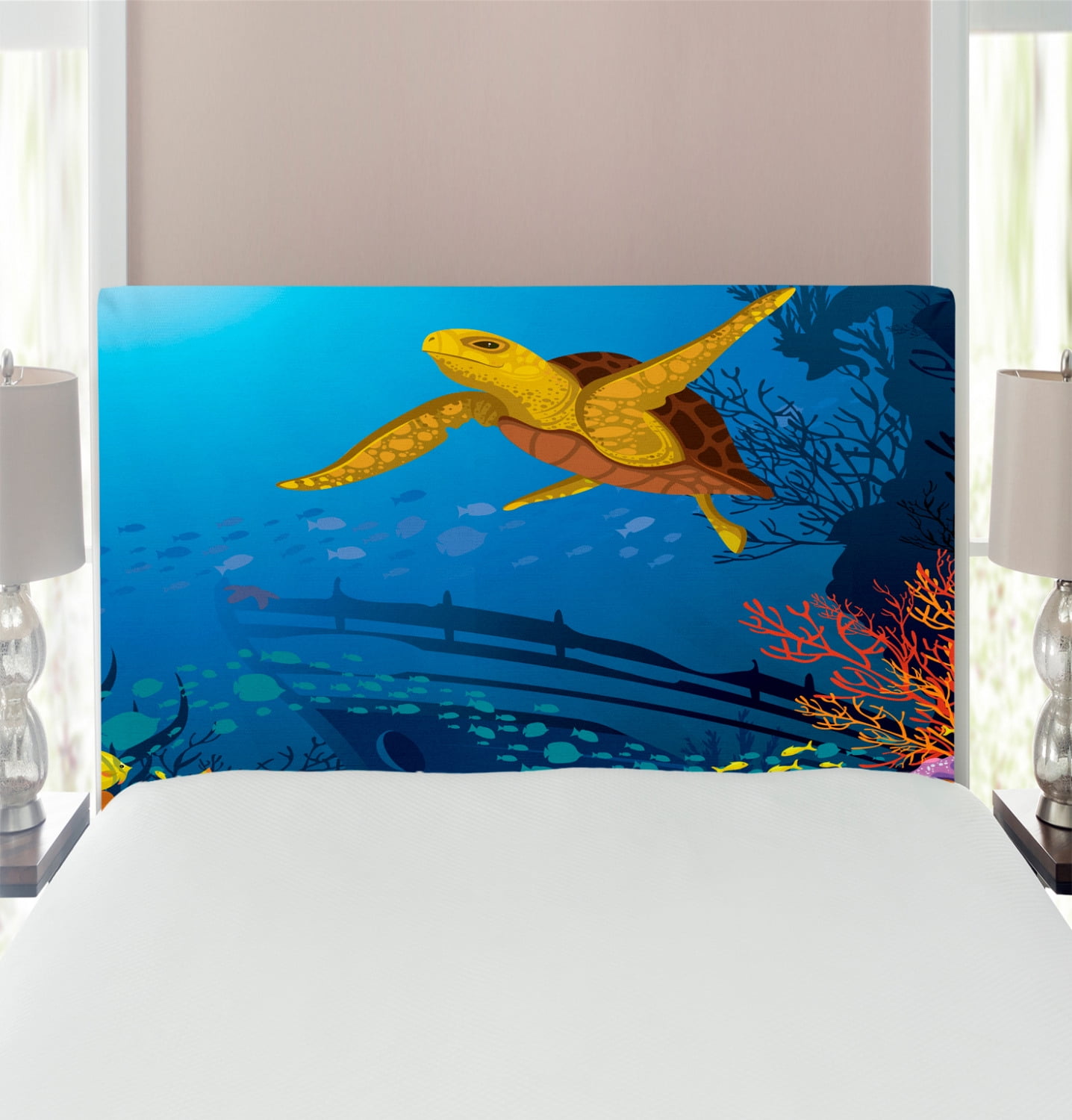 Ocean Headboard, Colored Coral Reef with Silhouette School of Fish and ...