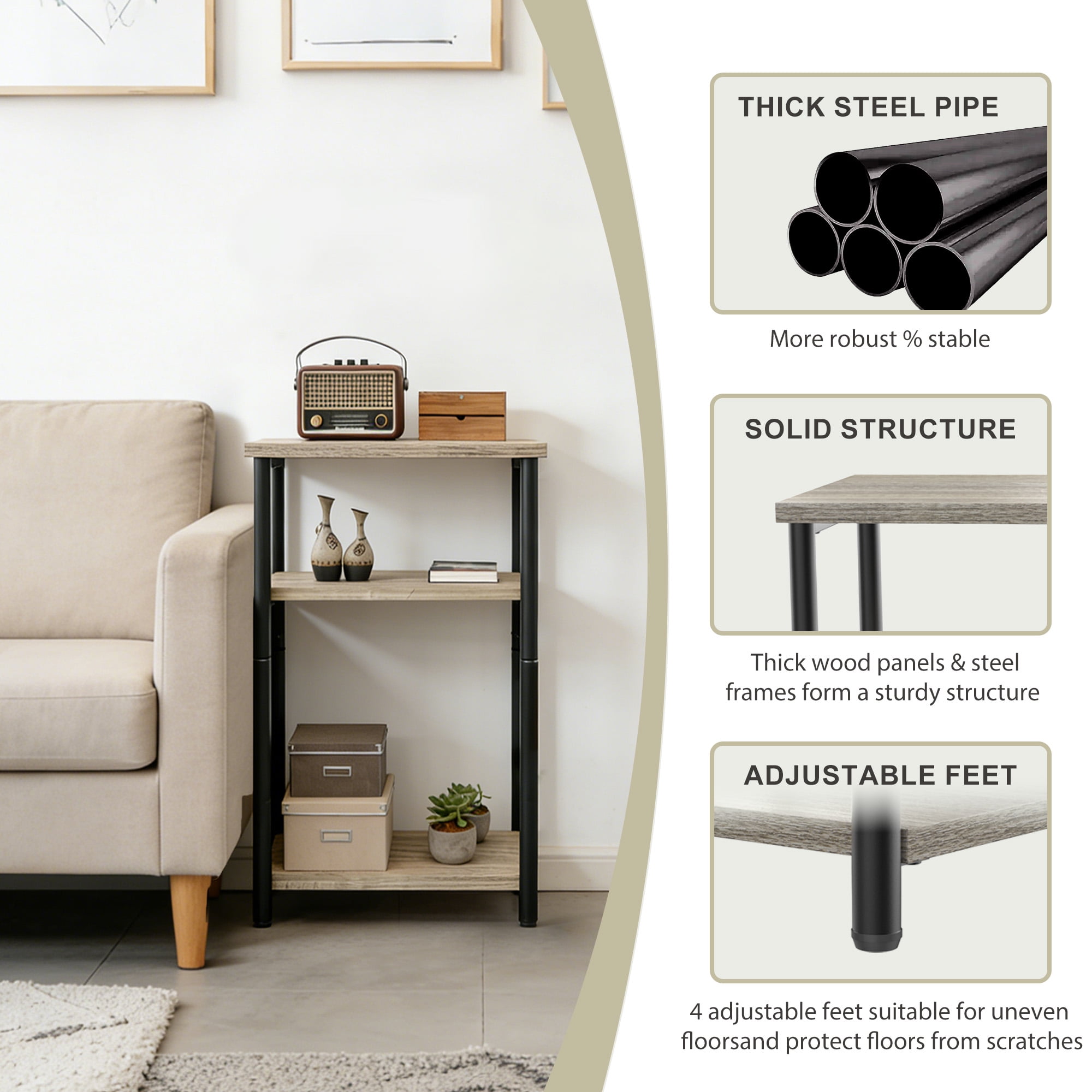 CONCETTA End Table with 3 Shelves, Narrow Nightstand for Small Spaces, Easy Assembly, Ideal for Living Room and Bedroom, Gray