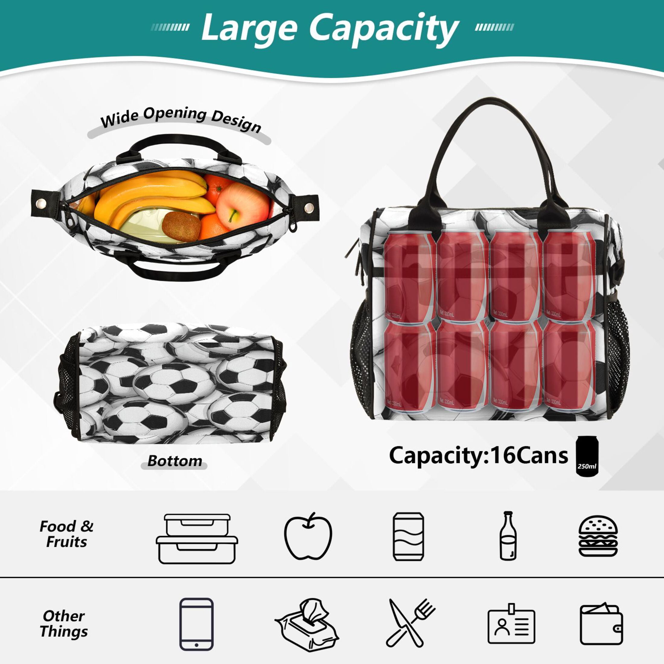 RMDQTR Classic Soccer Tile Pattern Large Tote Lunch Bag, Multi-Compartment Waterproof Thermal Food Bag for Commute Office & Picnic Outings