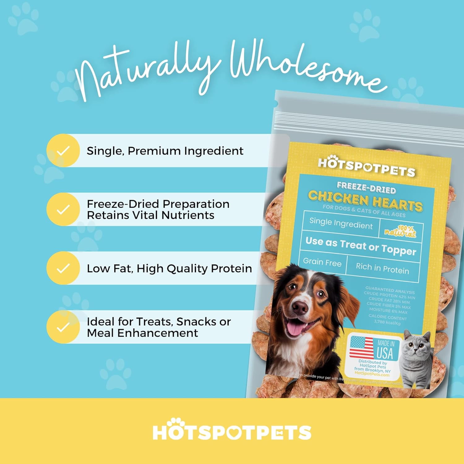 HotSpot Pets Freeze Dried Chicken Hearts for Cats & Dogs - 1LB Bag - All Natural Grain-Free - Made in USA